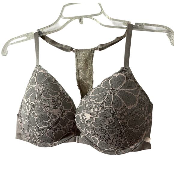 Victoria’s Secret Racerback Push Up Underwire Bra 34 DD Gray Pink Lace - Picture 1 of 6